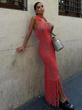 Vevesc  See Through Mesh Patchwork Dress Women Tassel Solid Sheath Y2K Casual Summer Trend Midnight Sexy Clubwear Party Vestidos