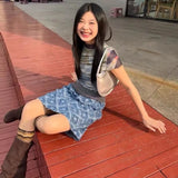 Vevesc Vintage Ocean Blue Tie Dye Print T-shirts Y2k Grunge See Through Mesh Tops Women Summer New Slim Fit Short Sleeve Blouses