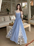 Vevesc  Sweet Plaid Long Dress Beach Style Women Elegant Lace Patchwork Korean Dress Fashion Slim Design Female Sexy Camis Vestidos
