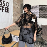 Vevesc Japanese O-neck Oversize Tee Shirt Summer Sexy See Through Mesh Lace T-shirt Y2k E-Girl Short Sleeve Bottoming Tops Women