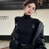 Vevesc Autumn and Winter Pure Lust Style Short T Shirt Solid Color Shoulder Strap Long Sleeved Top Slim Sweet Spicy Style Bottoming Top