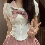 Vevesc Sweet Rabbit Ear Sailor Collar Puff Sleeve Shirts Women+ Y2k Slim Waist Ruched Pink Skirts Summer Oversize Two Piece Sets