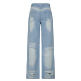 Vevesc  Fashion Light Blue Washed Casual Jeans Y2K Street Style Straight Denim Pants Women Summer Minimalist Chic Outfits