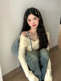 Vevesc Grunge Solid Streetwear T-shirt Spring Cross Pleated Y2k Aesthetic Sweet Tops Harajuku Slim Harajuku Long Sleeve Zipper Tshirt