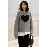 Vevesc O Neck Heart Print Gray Women Sueter Mujer Streetwear Knitted Oversize Y2k Tops Pullover Sweaters Long Sleeve American Vintage