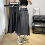 Vevesc Solid Color Pleated Skirts Women Fashion High Waist Preppy Style Long Skirt Womens Korean Chic Street A-line Skirt Fall