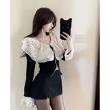 Vevesc French Elegant Fairy Patchwork Lace Tun Down Collar Cardigan Spliced Design High Street Women Clothing Portable Zipper Slim Tee