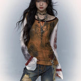 Vevesc Harajuku Patchwork Mesn Tops Women Casual Flare Sleeve T-shirt Vintage Print Y2k Aesthetic Graphic Fairy Grunge T Shirts Femme