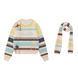 Vevesc Y2k Aesthetic Contrast Color Stripe Sweaters Harajuku Womens Letter Embroidery Scarf Jumpers Grunge Casual Loose Pullovers