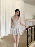 Vevesc  Scrawl Cat Print Ruffles Kawaii Short Dress 2025 Woman Summer V Neck Tunics Cute Mini Bud Dress Young Clothing