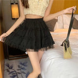 Vevesc Kawaii Mini Skirt Lolita Lace Ruffles Patchwork Sweet Women Preppy Style Solid Korean Fashion Female High Waist Skirts