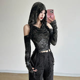 Vevesc Patchwork Retro Trendy Personalized Youth Girls High Street Personality Cool Sexy Women's Hooded Shoulder Short Top