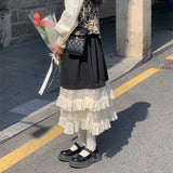 Vevesc Japanese Fashion Long Skirt Women Black High Waist A-line Lace Patchwork Ruffles Midi Skirt Autumn Mori Girl Style