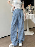 Vevesc  Loose Wide Leg Pants Women Summer New Korean Fashion Lazy Style Casual Plaid Pants Elastic High Waist Straight Women's Pants