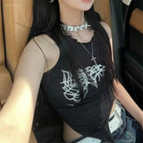 Vevesc Street Punk O-neck Sleeveless Black Tops Mujer Y2k E-Girl Irregular Slim Fit Lace Up Tank Top 2024 Summer New Vest For Women