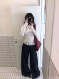 Vevesc White Bow Lace Up Sweater for Women Autumn Winter New Bottoming Knitted Pullover Thin Long Sleeve Slim Fit Tops Mujer