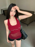 Vevesc Summer Harajuku Gauze Patchwork Tank Top Women Sexy Diamond Streetwear Sleeveless Tanks Y2k Aesthetic Fairy Vintage Grunge Tops