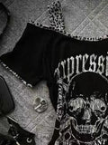 Vevesc Vintage Patchwork Leopard  Y2k Aesthetic Tops Gothic Skull Print Slim T-shirt Women Harajuku Irregular Streetwear Shirts Femme