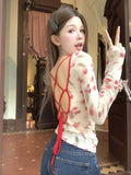 Vevesc Women Harajuku Printing Grunge Crop Thin Mesh Tops Y2k Aesthetic Vintage Backless Bandage Tees Slim Fit Streetwear Sweet Tshirts