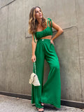 Vevesc Women Sexy Elegant Fashion Camis Wig Leg Pant Set Summer Solid Green Outfits High Waist Loose 2 Two Piece Set For Women