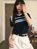 Vevesc  Knitted Striped Crop Top Women Summer Chic Y2k Aesthetic Tee Shirts Harajuku Streetwear Turn Down Collar Tshirts Femme