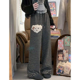 Vevesc New Kawaii Fleece Dog Wide Leg Casual Striped Straight Drawstring Pants High Waist Women Japanese Preppy Style Pant Y2k