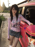 Vevesc Y2k Aesthetic 2000s Vintage Summer Shirts Sexy Slash Neck Cartoon Harajuku Print Japanese Streetwear Tops Punk Slim Girl Clothes