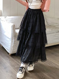 Vevesc White Black Long Skirt Women Crochet Lace Skirt Goth Lolita Summer High Waisted High Low Ruched Ruffle Pleated Skirts rok