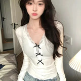 Vevesc Korean Style Sweet T-Shirts Women Sexy Bow Lace Patchwork Tops Coquette V-neck Slim Long Sleeve T-Shirts Aesthetics