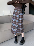 Vevesc French Vintage Long Skirts for Women Autumn Winter High Waist Plaid Raw Edge Irregular Skirt  Slim Fit Elegant Design Clothing