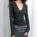 Vevesc American Vintage Contrast Color V Neck Tshirt Long Sleeve Tees Slim Fit High Street Harajuku Camisetas Gray Women Y2k