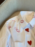 Vevesc French Style Turn Down Collar Blouse Spring Print Heart Button White Long Sleeve Blusas Harajuku Unisex Loose Lip Shirt Women
