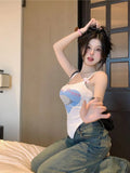 Vevesc Streetwear Grunge Cartoon Print Tanks Kawaii Cute Slim Sweet Y2k Aesthetic Tank Top Harajuku Women Irregular Camisole Trendy