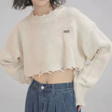 Vevesc Y2K Ripped Knitted Crop Sweater Women Autumn Fashion Long Sleeve Tassel Pullover Korean Loose Streetwear Hollow Out Chic Jumper