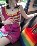 Vevesc Summer Spicy Girls Wear Rainbow Stripes Sexy Dopamine Mini Straps Women's Sweetheart Tank Top Open Back Short Top