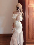 Vevesc  French Sexy Matching Sets Slash Neck Ruffles Sleeveless Crop Tops High Waist Gauze Patchwork Skirt Summer Elegant Women Clothing