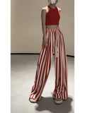 Vevesc Casual Retro Striped Print High Waist Wide Leg Pants Women's Fashion Loose Vintage Soft Full Length Trousers Summer