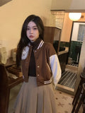 Vevesc Bomber Jackets American Retro Short Length Y2k Women Preppy Style Outerwear Long Sleeve Letter Contrast Color Coats O Neck