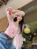 Vevesc Coquette Egirl Letter Pink Crop T-shirts Women Y2k Kawaii Cute Long Sleeve Tees Korean Fashion Sweet Slim Corset Tops