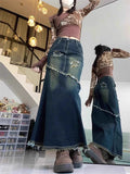 Vevesc Fashion Vintage Blue Denim Skirt For Women Y2k Grunge High Waist A-line Jeans Skirts 2024 Summer New Mid-length Faldas Mujer