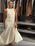 Vevesc  Elegant Patchwork Long Dress Women O-neck Sleeveless Pleated Female Dresses 2025 Summer Holiday Solid A-line Lady Loose Robe