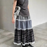 Vevesc Japanese Plaid Striped Ruched Patchwork Skirts Vintage Women Mid Length High Waist A-line Y2k Streetwear Cake Skirt