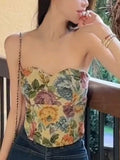 Vevesc Vintage Floral Print Vest Women Sexy Off Shoulder Strapless Vest Female Korean Fashion Casual Sleeveless Tank Tops Summer