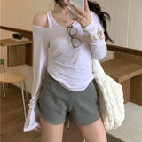 Vevesc Fake Two-piece Solid Color Casual Long-sleeved T-shirt Women 2024 Summer New Korean Strapless Sexy Slim All Match Tops
