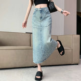 Vevesc Women Blue Gothic A-line Long Skirt Vintage Y2k Skirt Harajuku Korean Streetwear Tie-Dyed Skirts 2000s Goth Clothes Summer