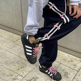 Vevesc Side Striped Bow Drawstring Sweatpants Women High Waist Baggy Pants for Girls Y2k Streetwear