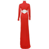 Vevesc Sexy Cut Out Backless Red Party Dress Women Elegant Luxury Turtleneck Long Sleeve Maxi Dresses Evening Gown