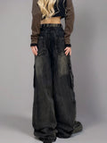 Vevesc American Vintage High Waist Emo Straight Jeans Women's Casual Cargo Pants Baggy Y2K Wide Leg Grunge Street Washed Denim Trouser