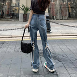 Vevesc Y2K Flare Jeans Women Streetwear Bandage Wide Leg Denim Pants Harajuku Korean High Waist Lace Up Loose Casual Trousers