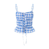 Vevesc Cute Gingham Front Tie Up Camisole Vintage Plaid Ruffle Hem Tank Tops for Women Y2K Fairy Cottage Backless Crop Tops Streetwear